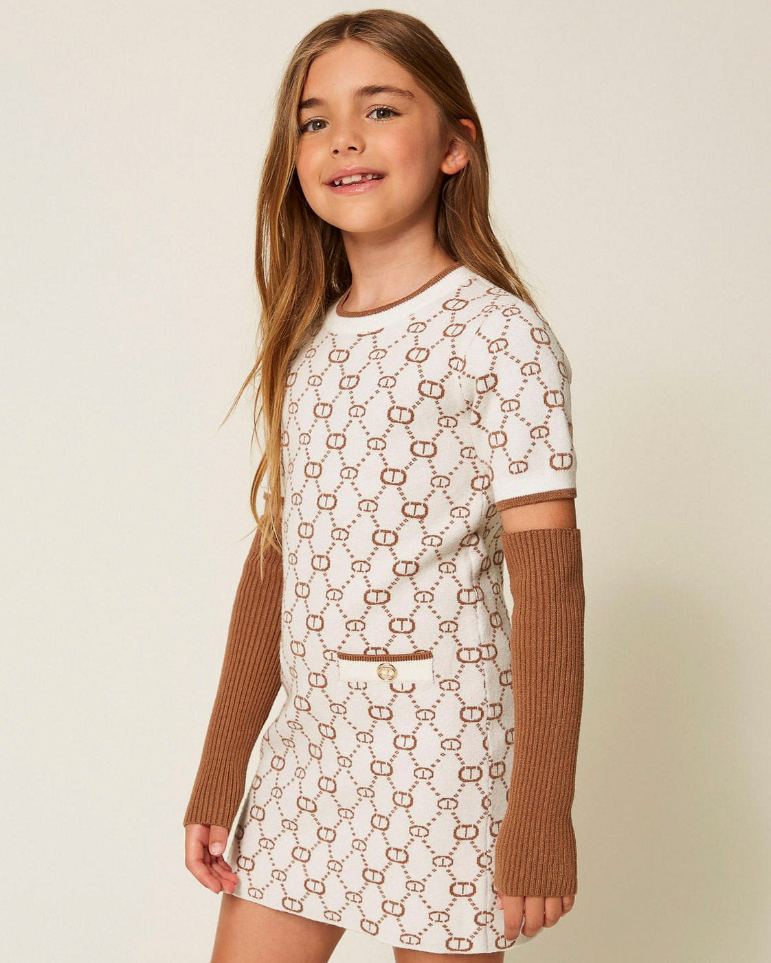 Twinset Kids Abito Corto in Maglia Jacquard con Manicotti per Bambine