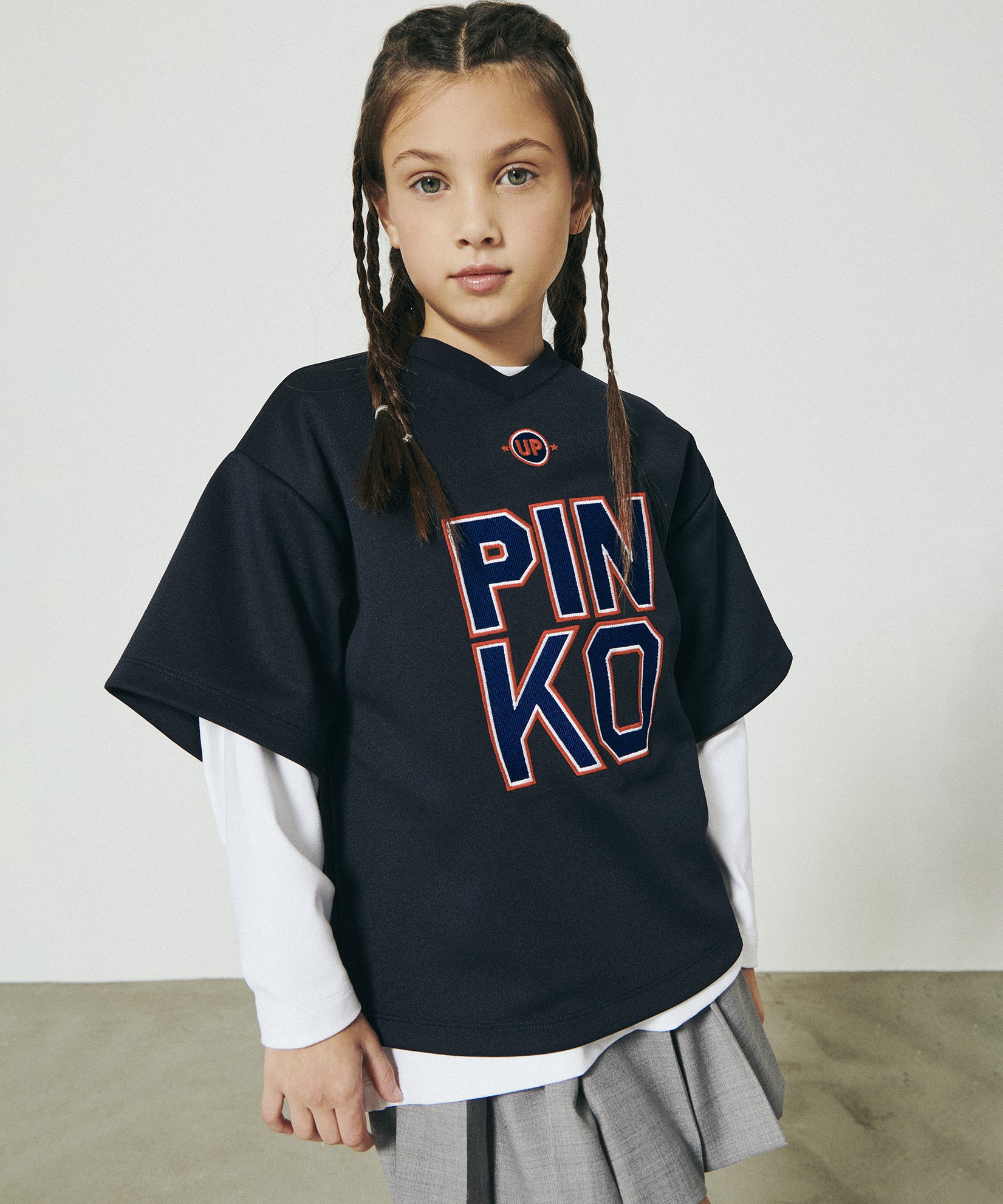 Pinko Kids T-Shirt Blu con Stampa Logo a Contrasto per Bambine