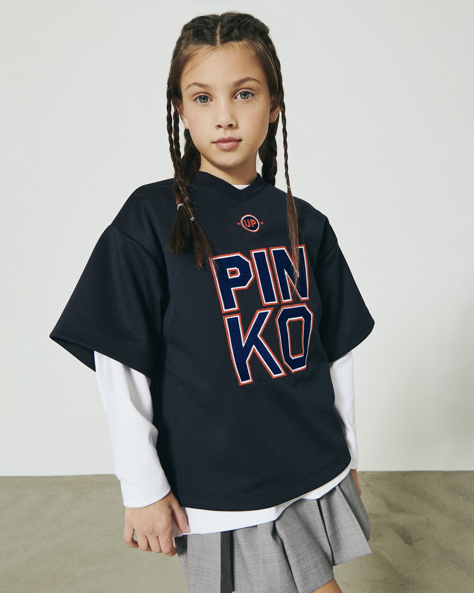 Pinko Kids T-Shirt Blu con Stampa Logo a Contrasto per Bambine