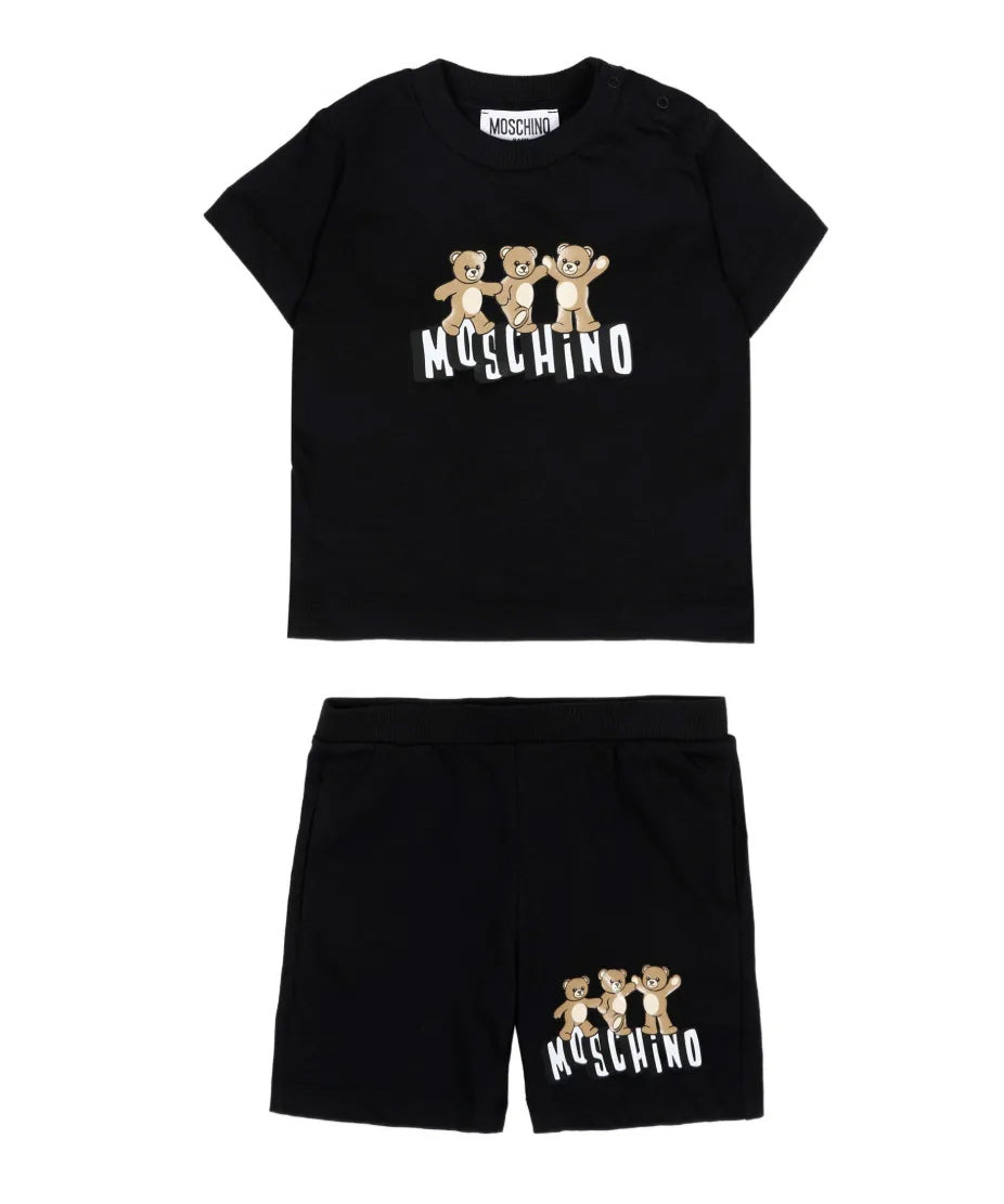 Moschino Kids Set 2pz. Completo T-shirt Avorio con Stampa e Short Abbinati neri Unisex per Neonati