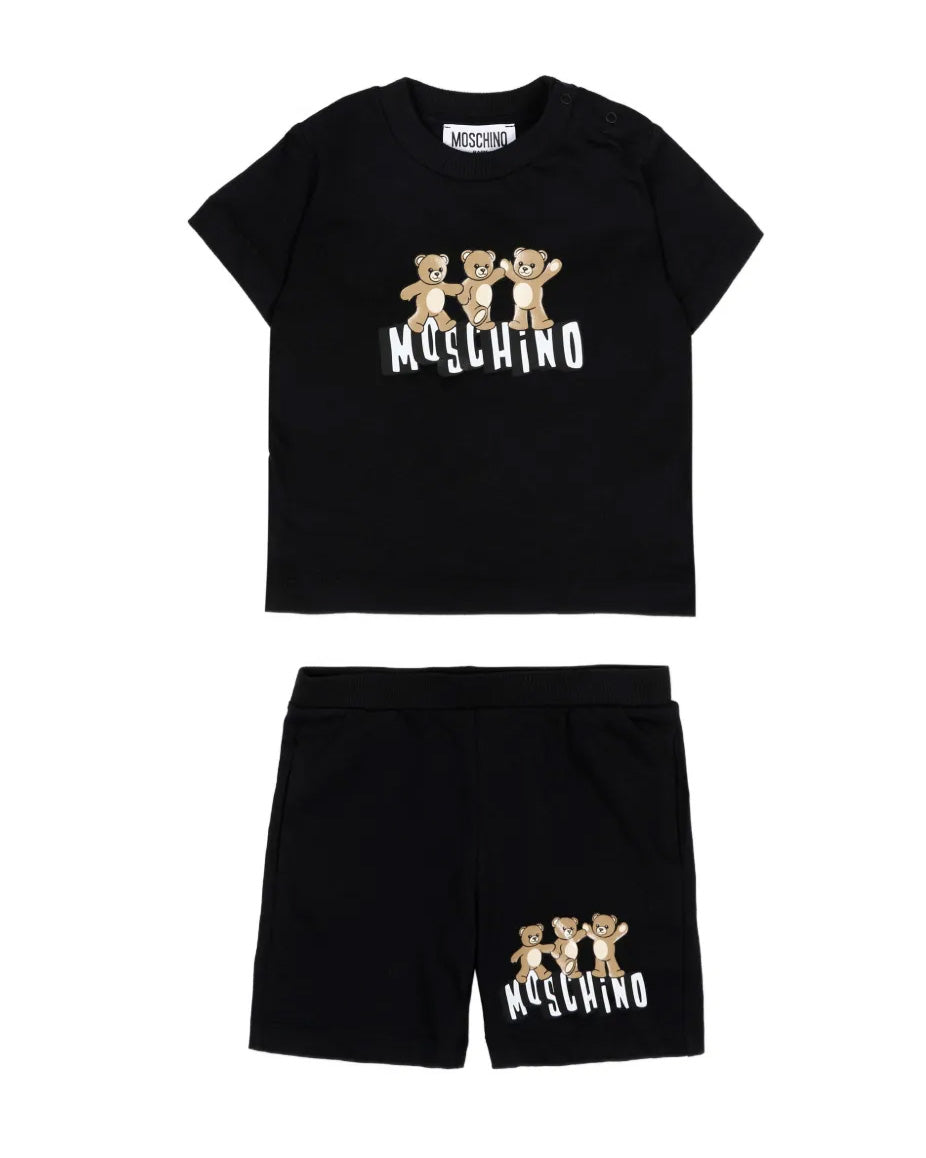 Moschino Kids Set 2pz. Completo T-shirt Avorio con Stampa e Short Abbinati neri Unisex per Neonati