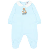 Moschino Kids Tutina Celeste in Cotone con Colletto e Stampa Teddy Bear per Neonati