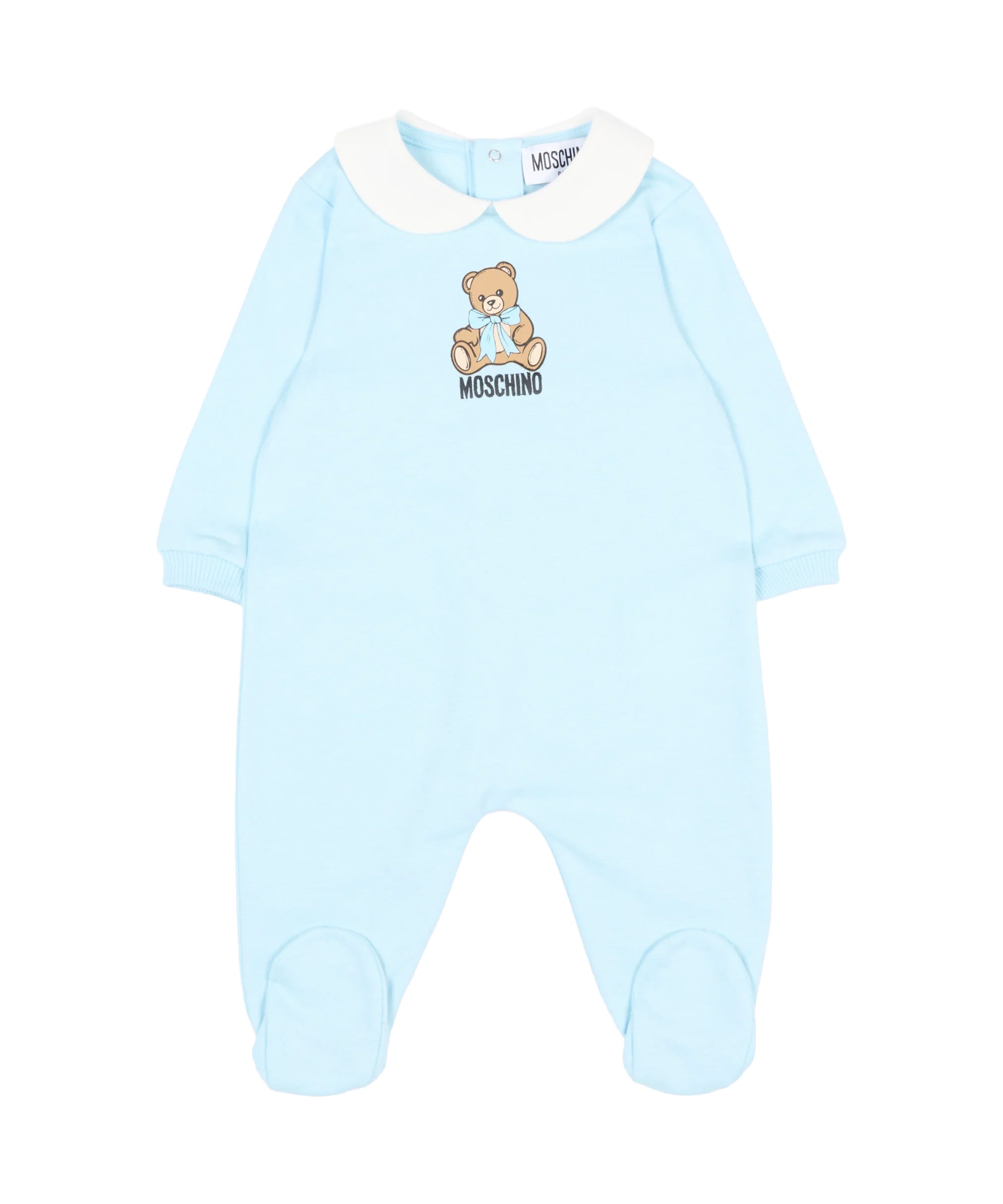 Moschino Kids Tutina Celeste in Cotone con Colletto e Stampa Teddy Bear per Neonati