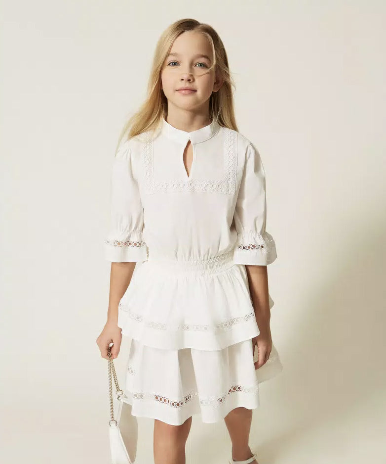 Twinset Kids Abito Off-White con Pizzo per Bambine