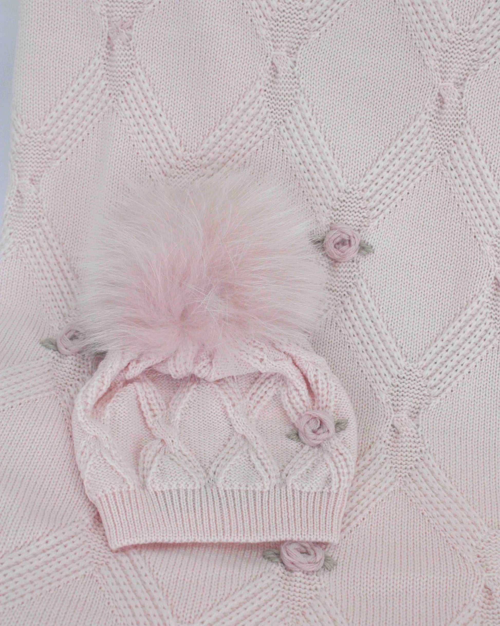 Marlù Cappello Rosa con Ricamo Fiore e Pon Pon per Neonate