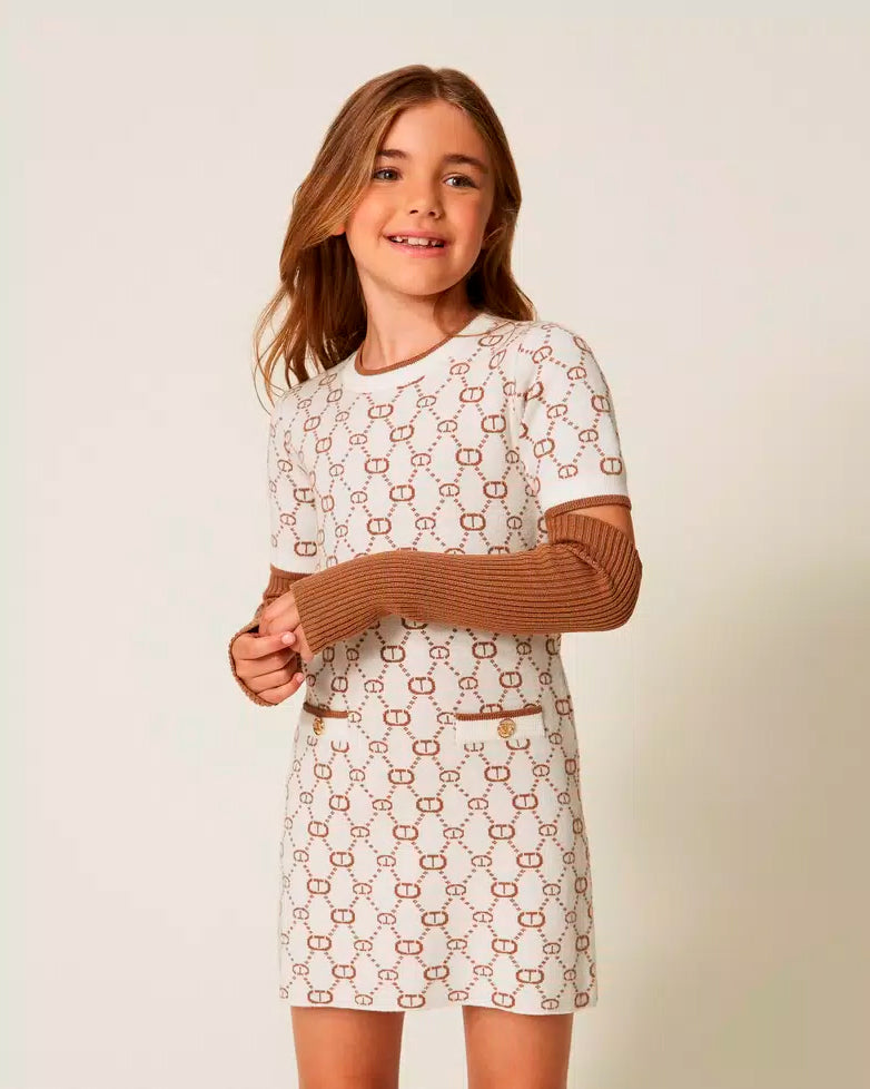 Twinset Kids Abito Corto in Maglia Jacquard con Manicotti per Bambine