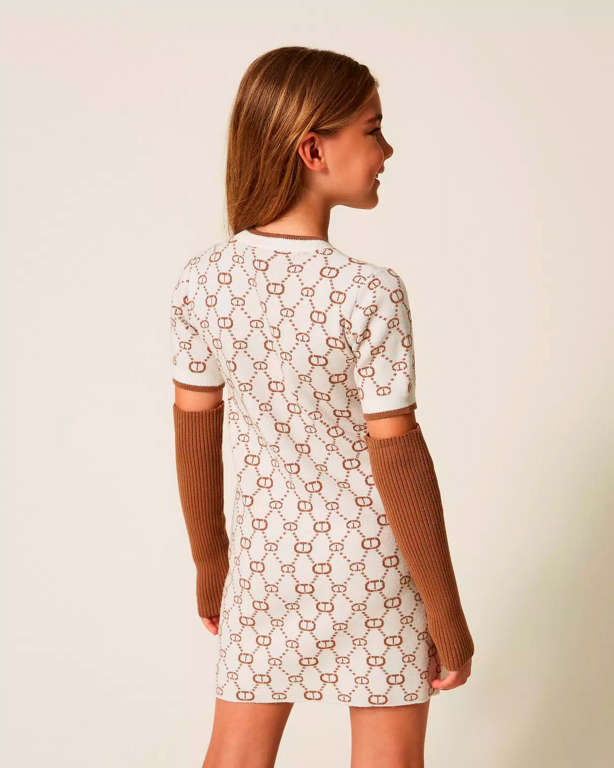 Twinset Kids Abito Corto in Maglia Jacquard con Manicotti per Bambine