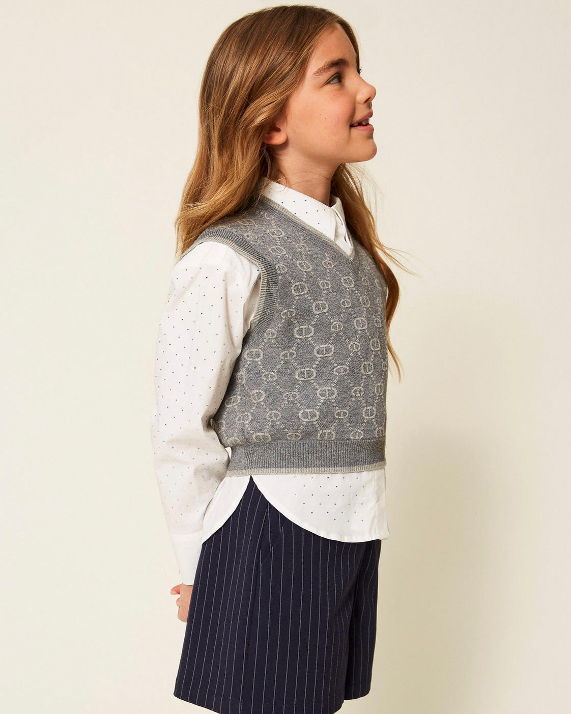 Twinset Kids Gilet Grigio con Motivo Multi Logo per Bambine