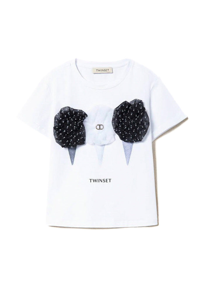 Twinset Kids T-shirt con Stampa e Tulle Bianca