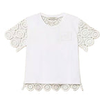 Twinset Kids T-Shirt Off-White con Maniche e Dettagli in Pizzo per Bambine e Neonate