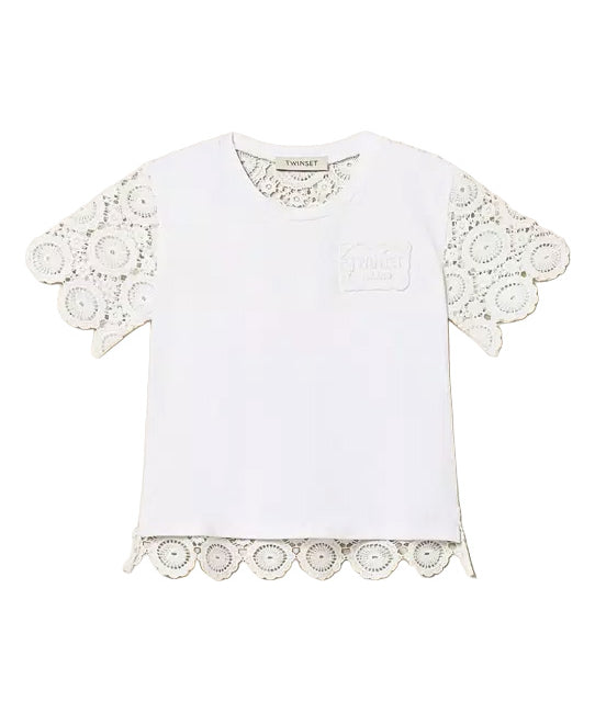 Twinset Kids T-Shirt Off-White con Maniche e Dettagli in Pizzo per Bambine e Neonate