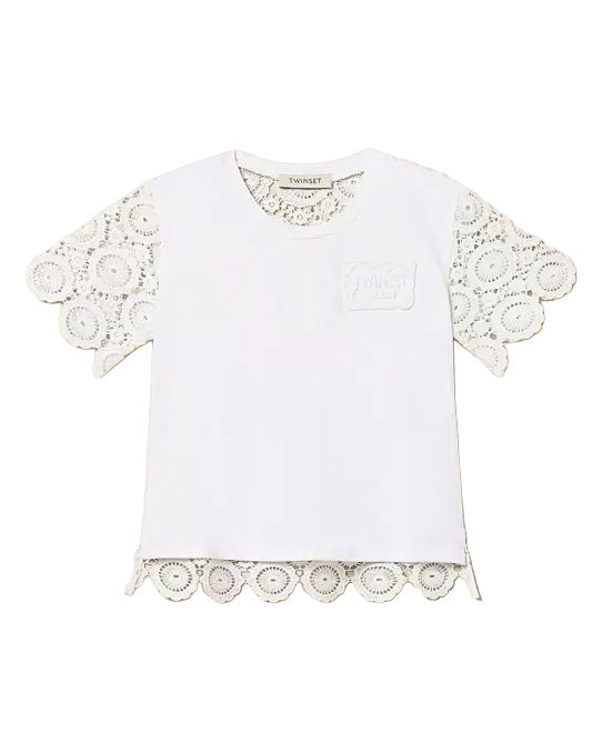 Twinset Kids T-Shirt Off-White con Maniche e Dettagli in Pizzo per Bambine e Neonate