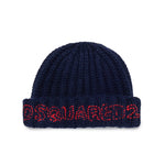 Dsquared2 Kids Cappello Blu in Lana con Logo Rosso per Neonati
