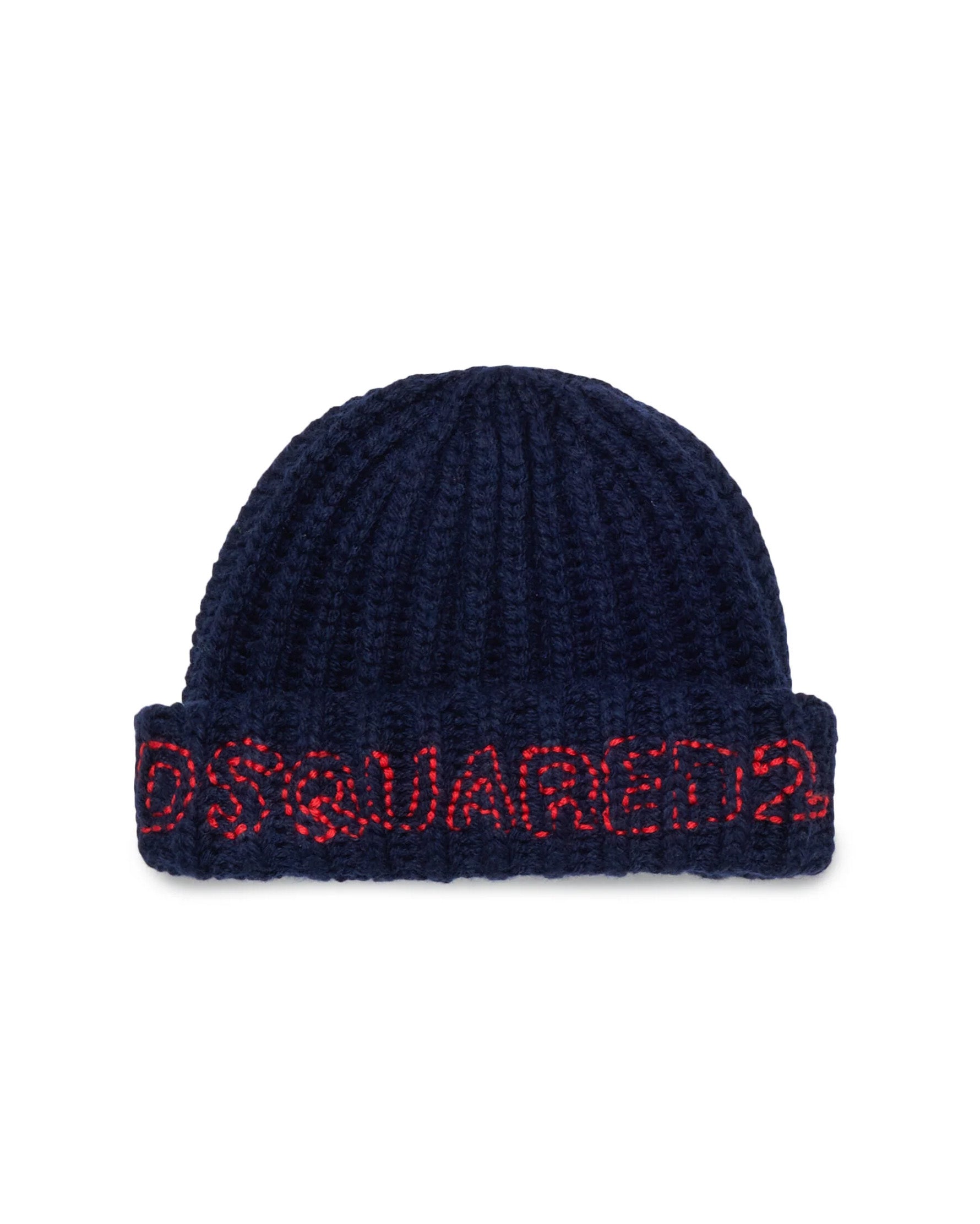 Dsquared2 Kids Cappello Blu in Lana con Logo Rosso per Neonati