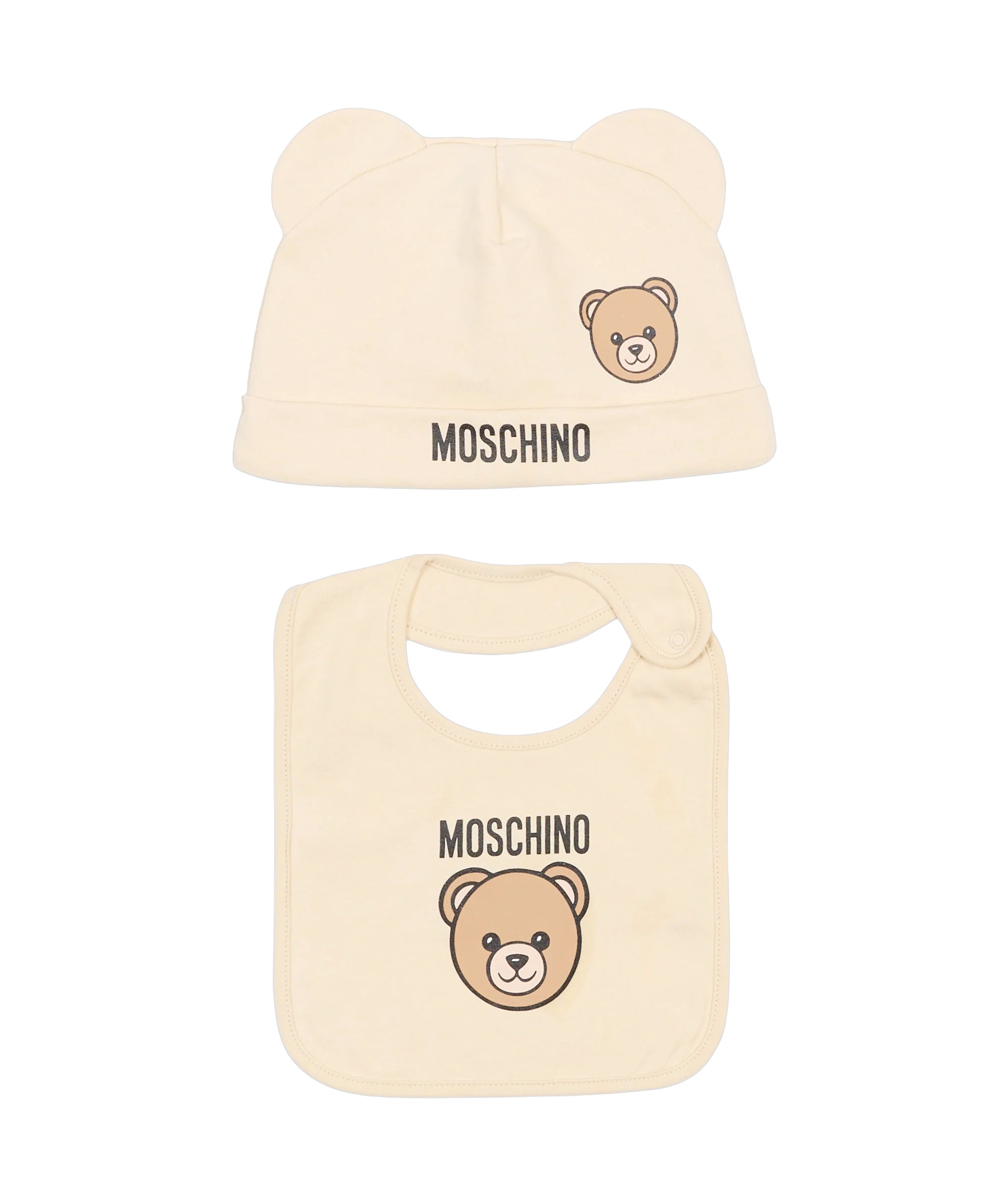 Moschino Kids Set Beige con Cappellino e Bavaglino con Stampa Teddy Bear e Logo Unisex
