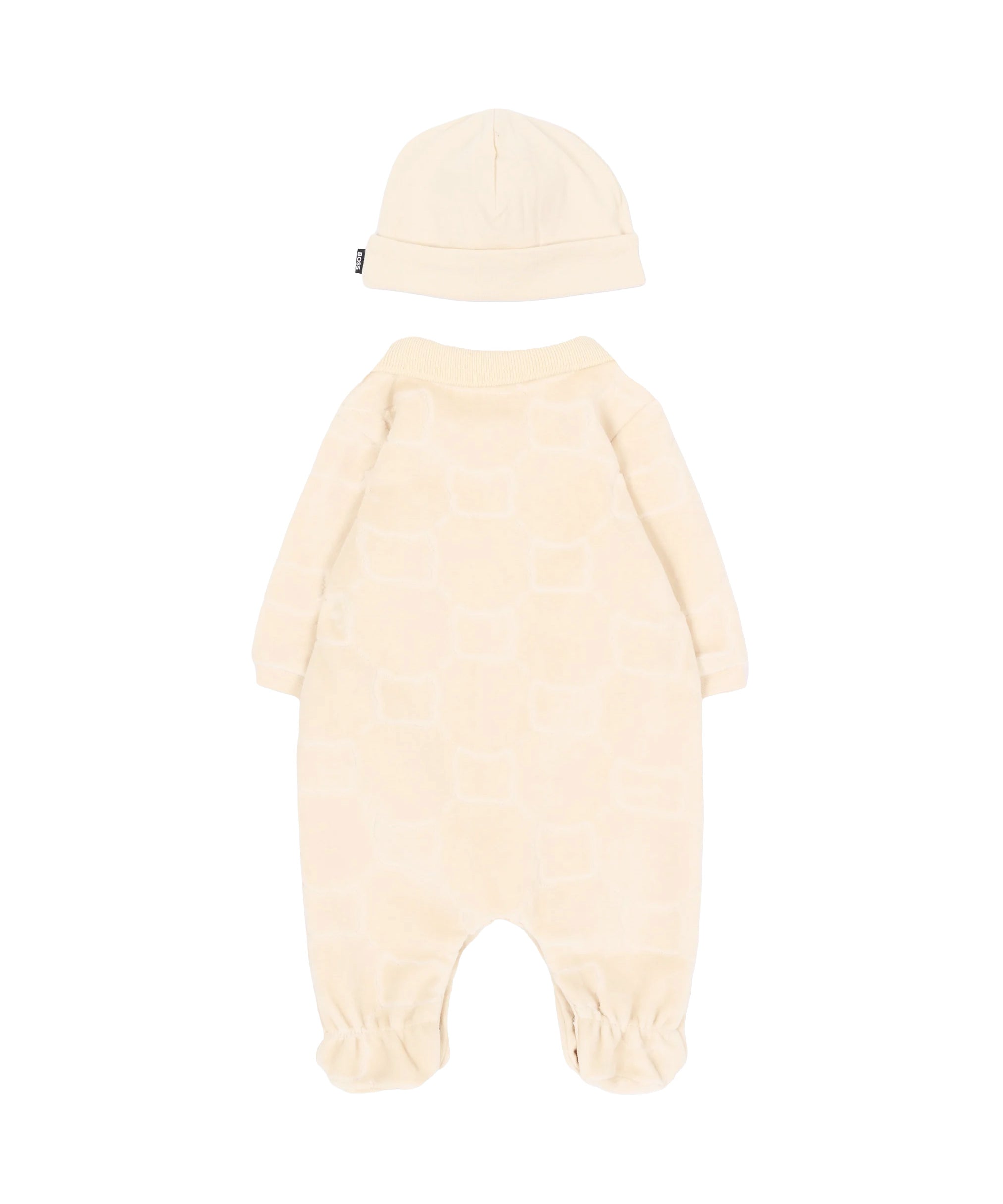 BOSS Kids Set Nascita Beige con Tutina in Ciniglia con Orsetti e Cappellino per Neonati