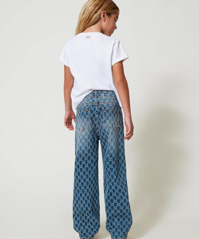 Twinset Kids Jeans con Oval T All Over per Bambine (retro indossato)