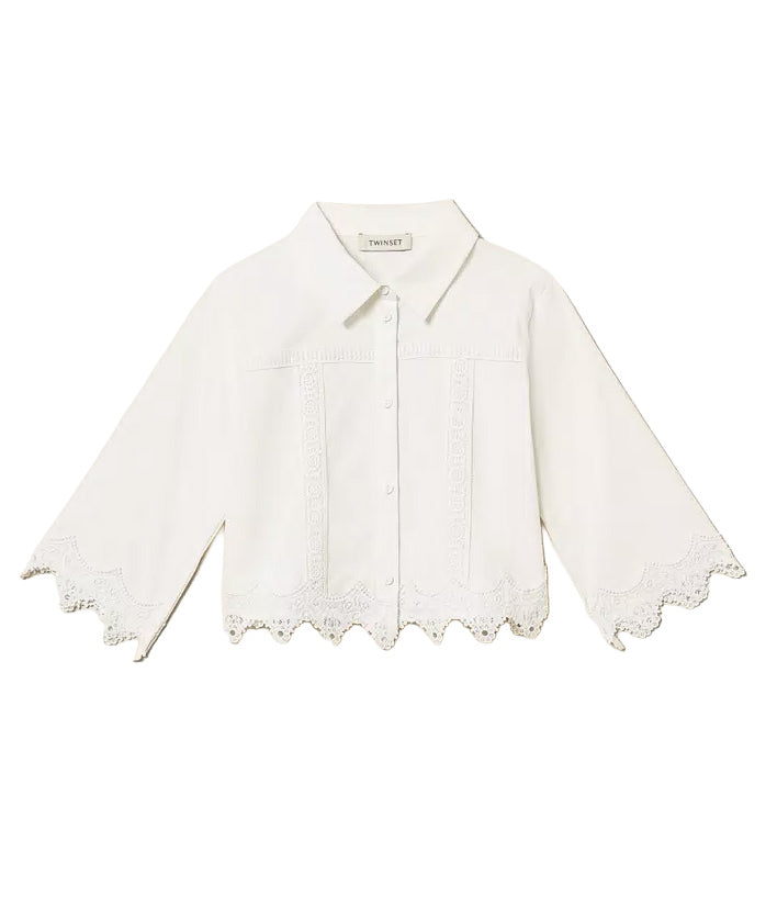 Twinset Kids Camicia Off-White con Dettagli in Pizzo per Bambine e Neonate