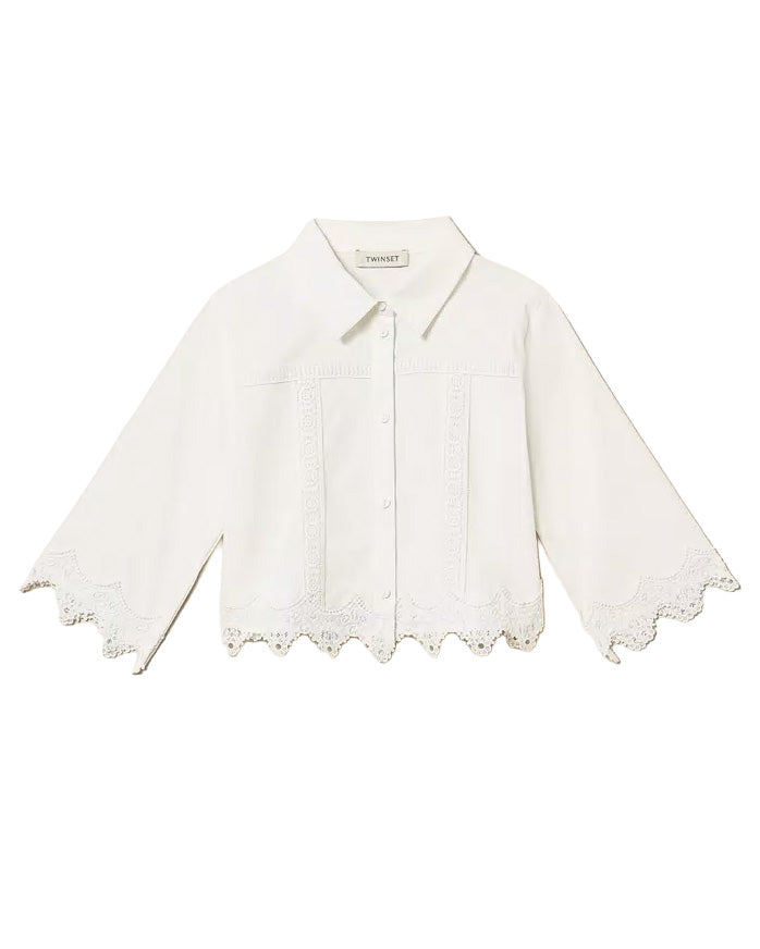 Twinset Kids Camicia Off-White con Dettagli in Pizzo per Bambine e Neonate
