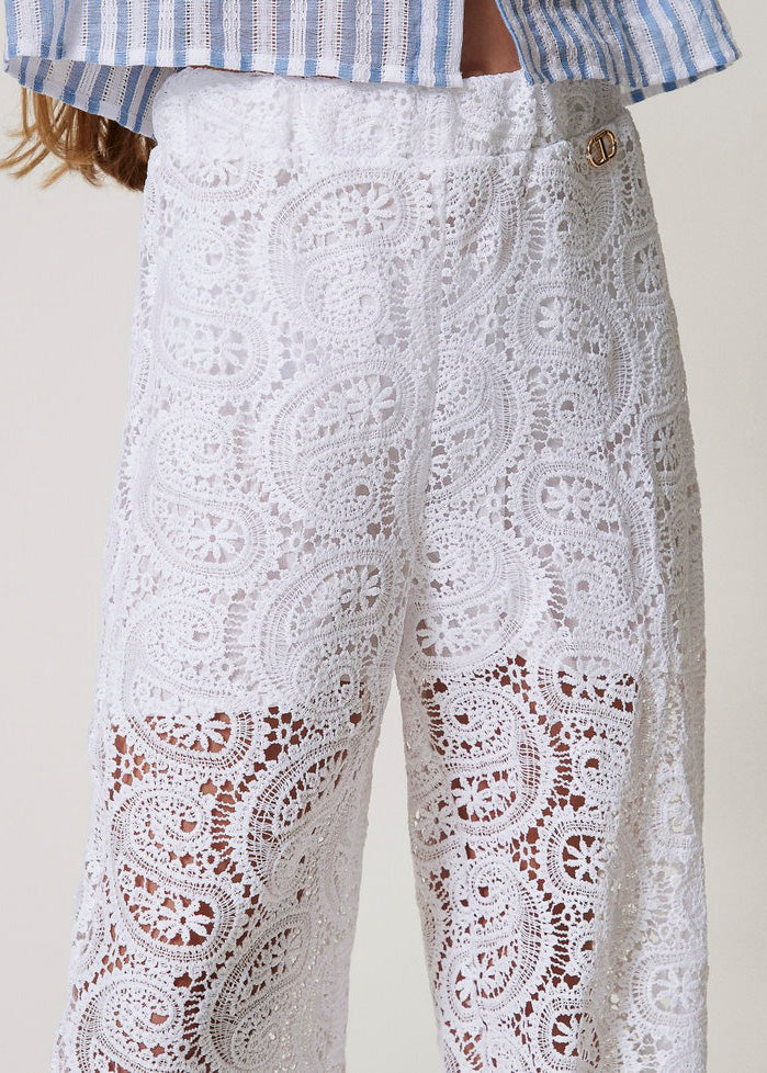 Twinset Kids Pantaloni Bianchi in Pizzo Macramè per Bambine
