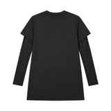 MSGM Kids Abito Doppia Manica in Pizzo Nero con Logo Rosso per Bambine
