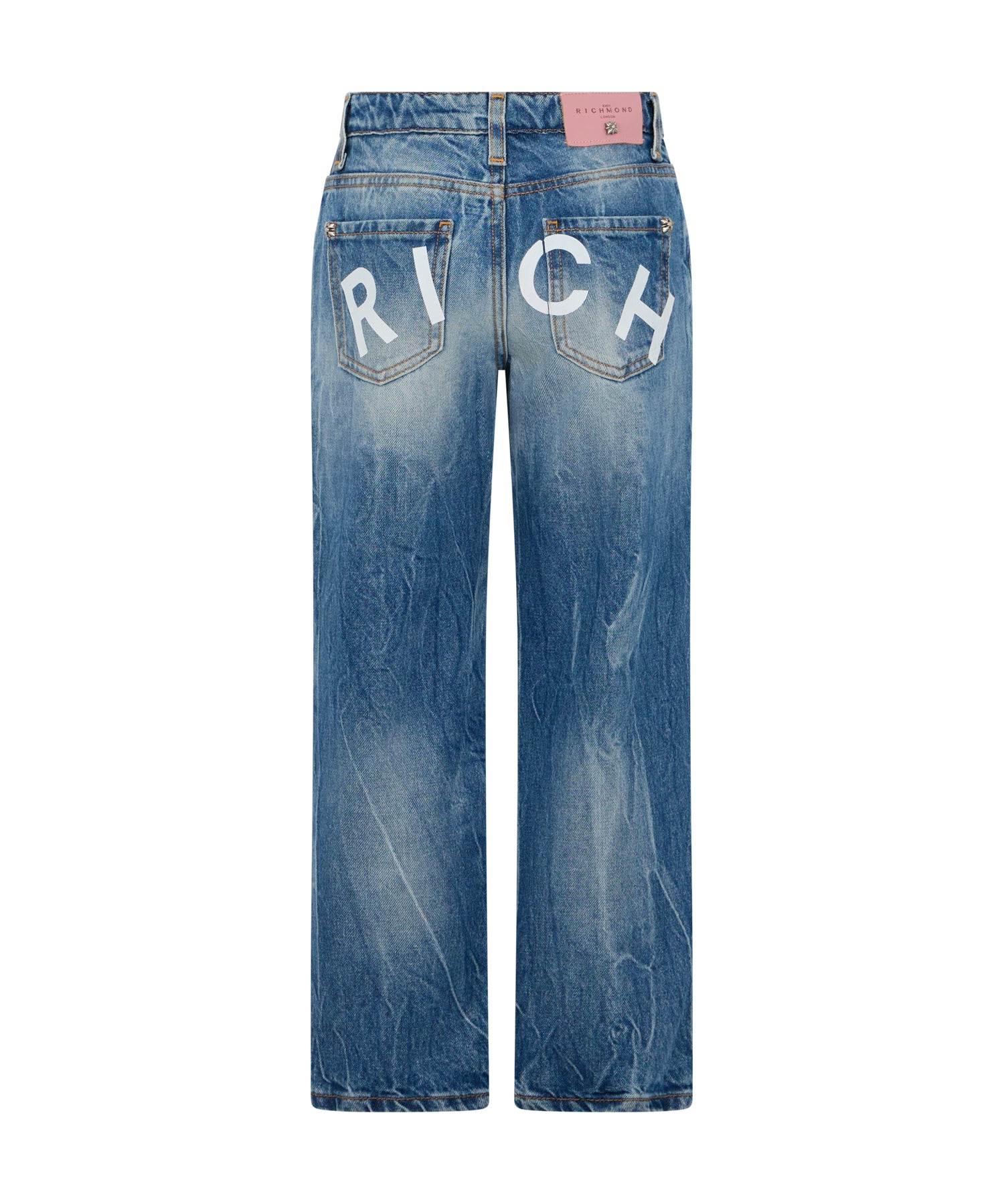 John Richmond Kids Jeans Blu a Gamba Larga con Scritta RICH sul Retro per Bambine