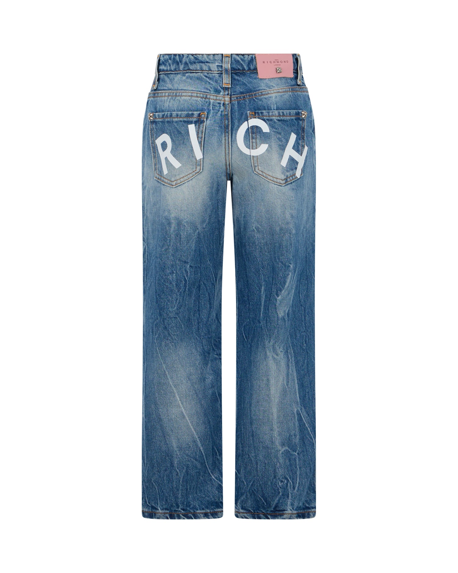 John Richmond Kids Jeans Blu a Gamba Larga con Scritta RICH sul Retro per Bambine