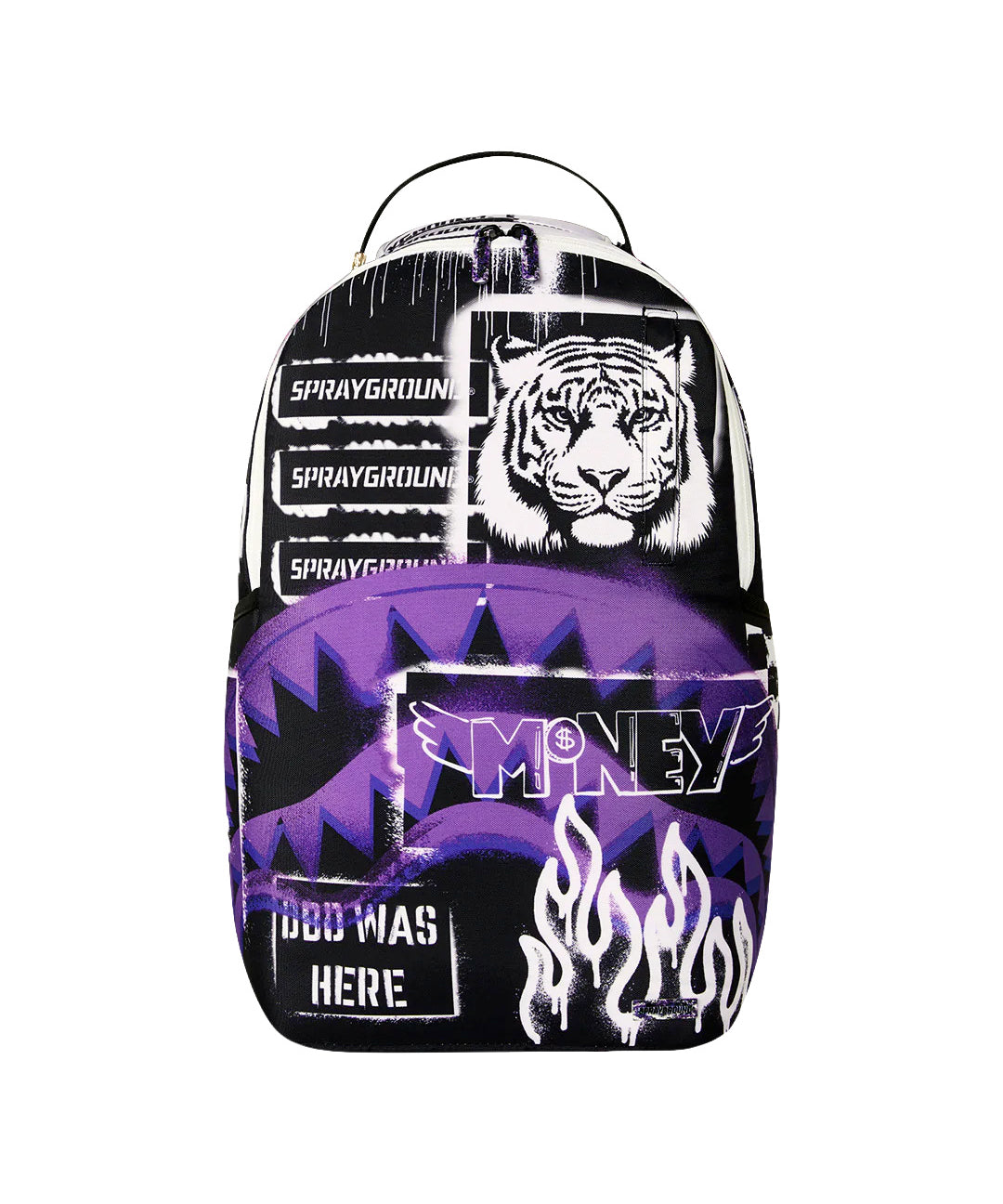 Sprayground Kids Zaino Unisex Think On It Nero e Viola con Stampa Tigre, Shark Mouth e Graffiti