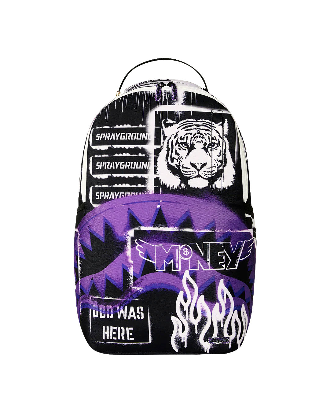Sprayground Kids Zaino Unisex Think On It Nero e Viola con Stampa Tigre, Shark Mouth e Graffiti