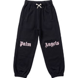 Palm Angels Kids Pantaloni Tuta Neri in Felpa con Logo Rosa e Coulisse per Bambine