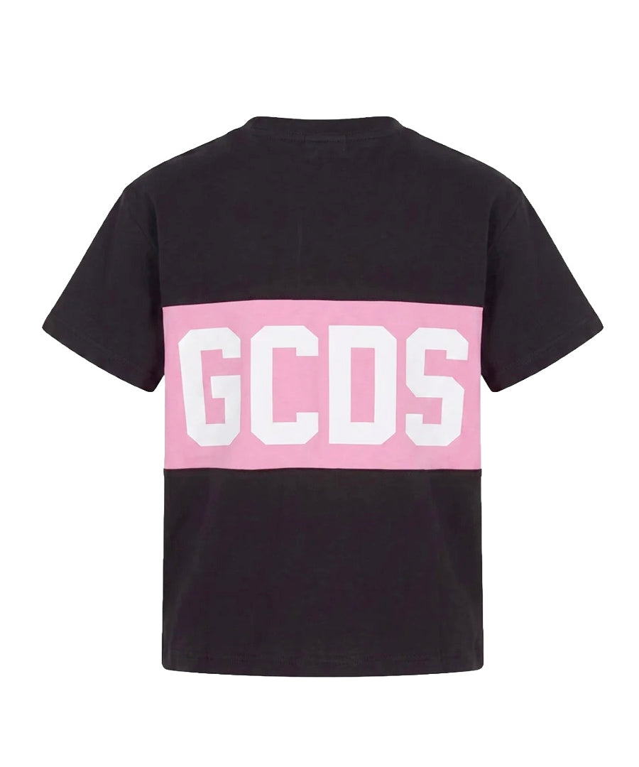 Gcds Kids T-Shirt Nero con Banda Logata Rosa per Bambine