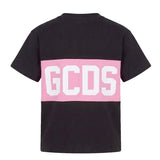 Gcds Kids T-Shirt Nero con Banda Logata Rosa per Bambine