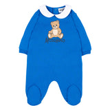 Moschino Kids Tutina Bluette con Colletto Bianco e Stampa Teddy Bear con Logo per Neonati