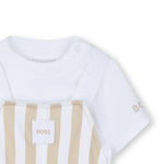 Boss Kids Completo Salopette e T-Shirt Beige/Bianco per Neonati