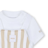 Boss Kids Completo Salopette e T-Shirt Beige/Bianco per Neonati