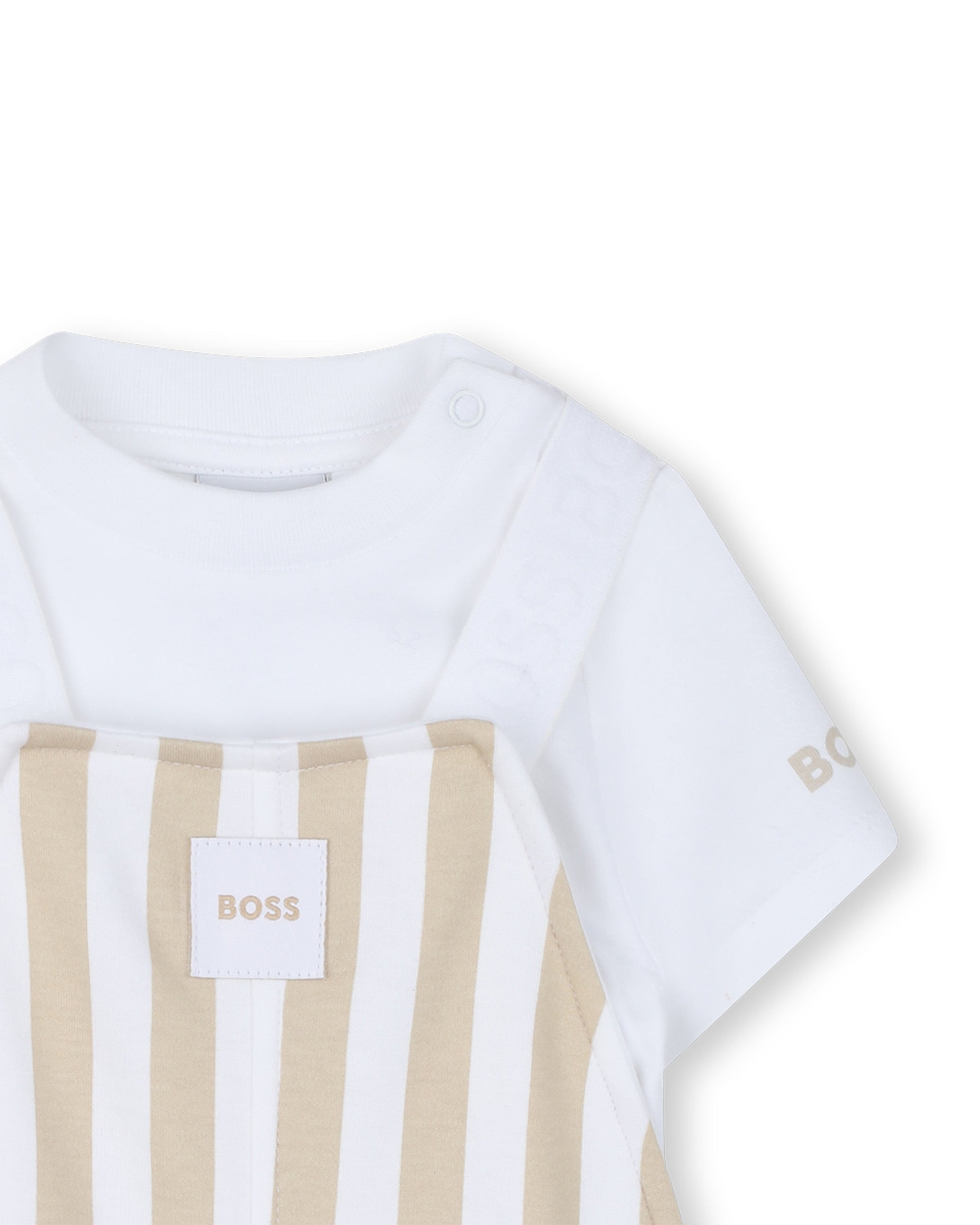 Boss Kids Completo Salopette e T-Shirt Beige/Bianco per Neonati
