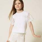 Twinset Kids T-Shirt Off-White con Maniche e Dettagli in Pizzo per Bambine e Neonate