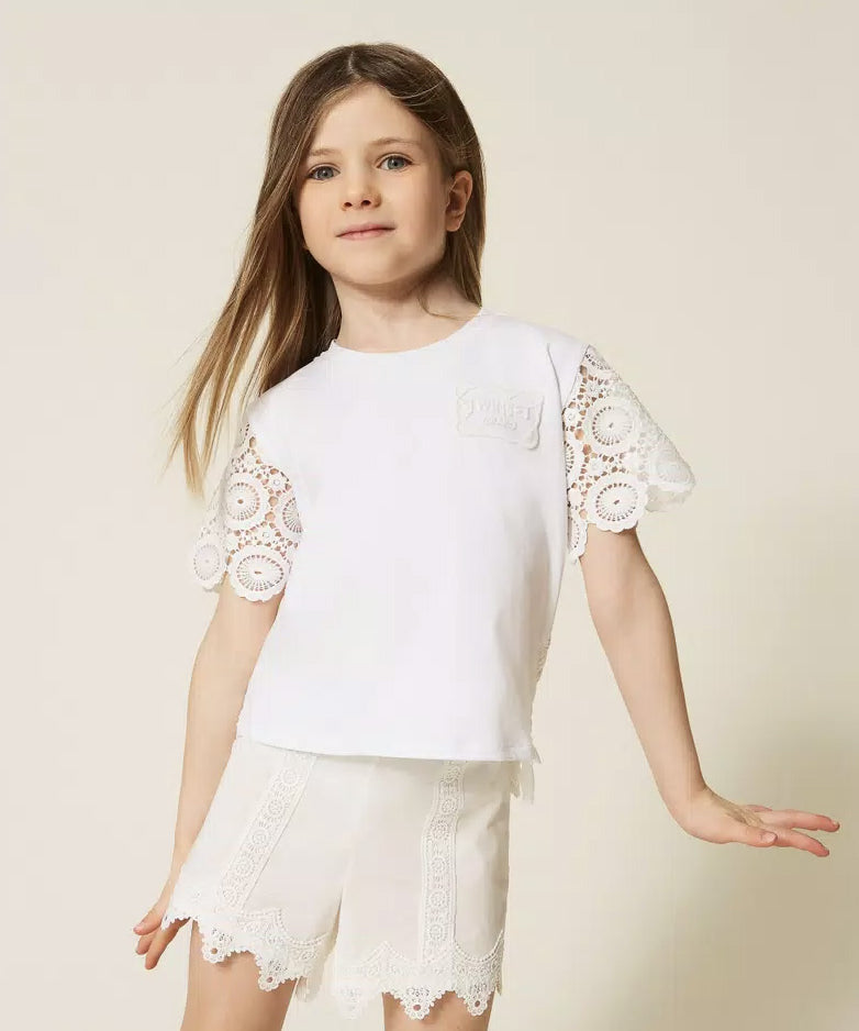 Twinset Kids T-Shirt Off-White con Maniche e Dettagli in Pizzo per Bambine e Neonate
