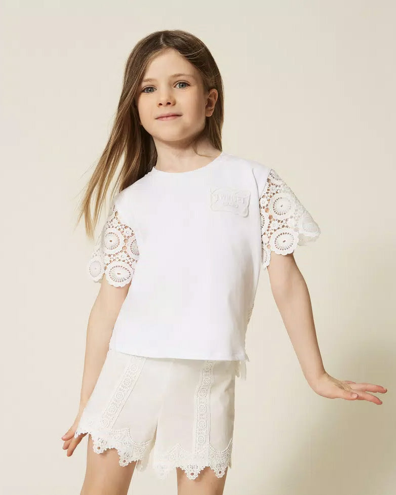 Twinset Kids T-Shirt Off-White con Maniche e Dettagli in Pizzo per Bambine e Neonate