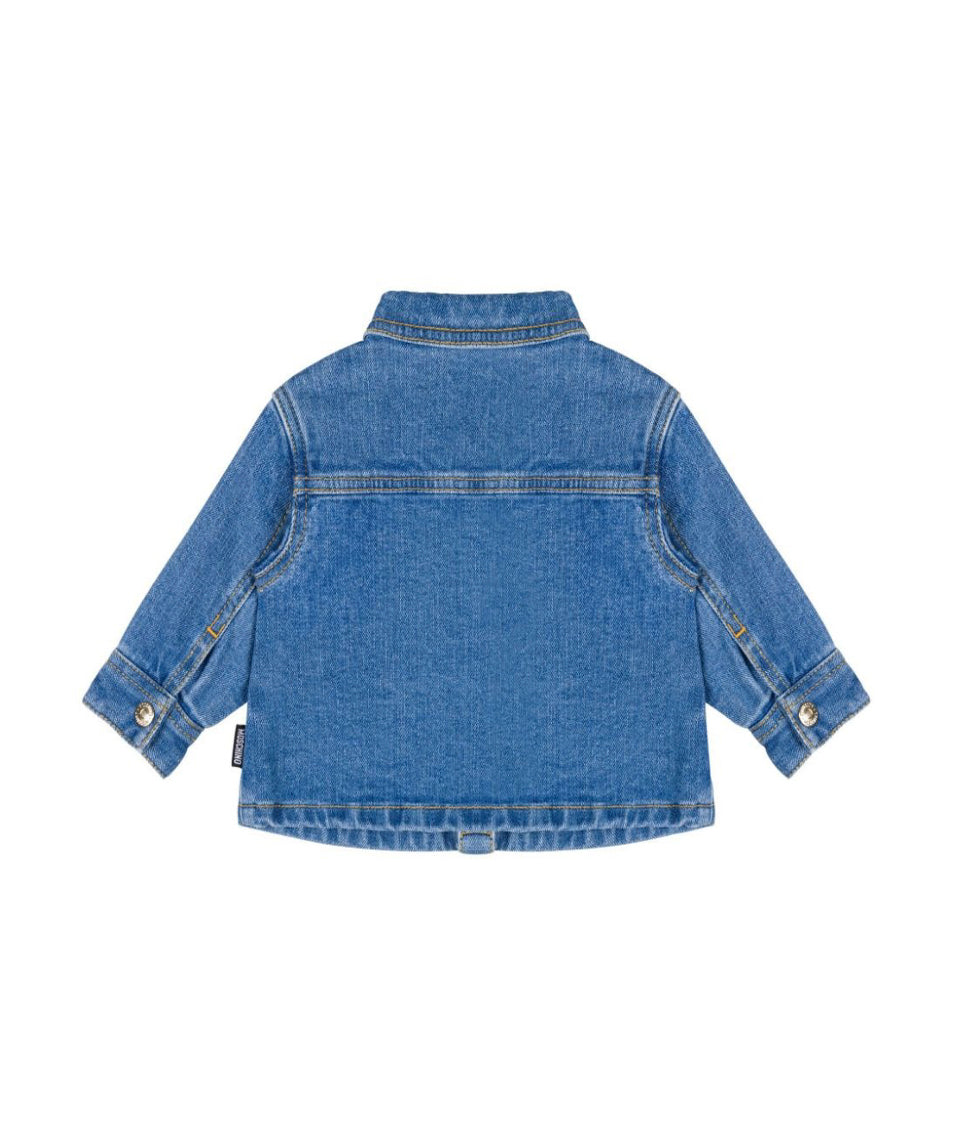 Moschino Kids Camicia Denim Light Blue con Ricamo Teddy Bear per Neonati (retro)