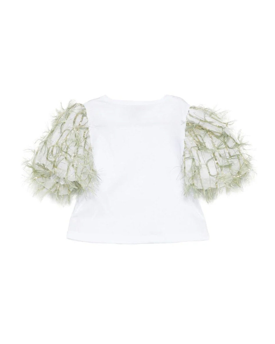 A'lapage Kids T-Shirt Bianco con Maniche Frangiate Oliva per Bambine