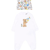 Moschino Kids Tutina+Cappellino Bianco/Fantasia con Teddy Bear per Neonati