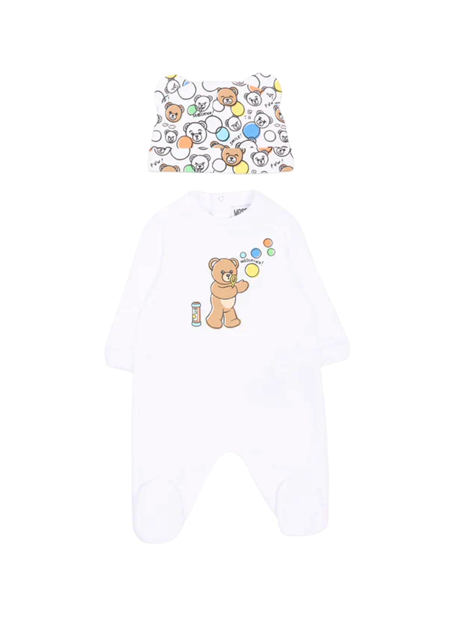 Moschino Kids Tutina+Cappellino Bianco/Fantasia con Teddy Bear per Neonati