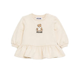 Moschino Kids Vestito Panna in Felpa con Balza e Stampa Teddy Bear per Neonate