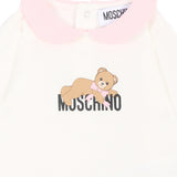 Moschino Kids Tutina Panna e Rosa in Cotone con Colletto e Stampa Teddy Bear per Neonate