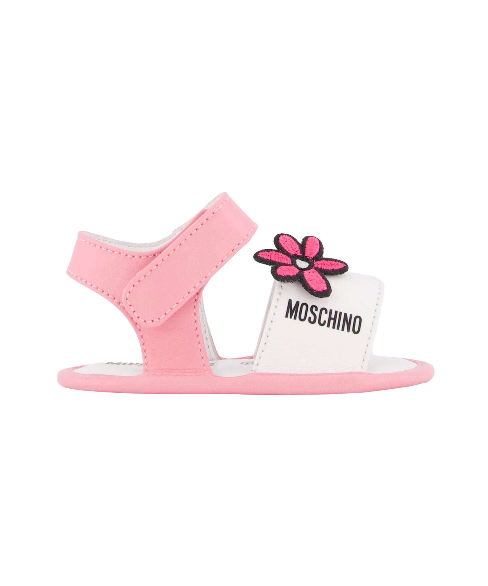Moschino Kids Sandalo Rosa e Bianco con Fiore Ricamato per Neonate