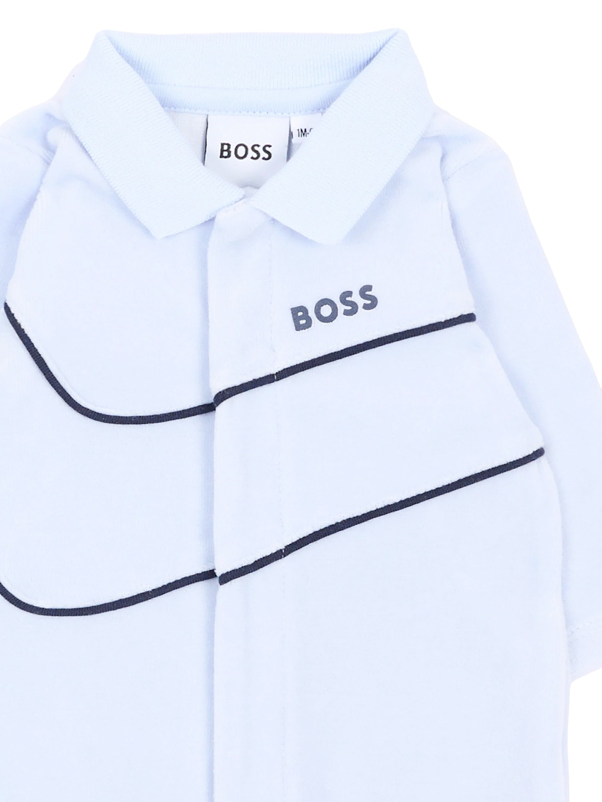 BOSS Kids Tutina Intera Azzurra in Ciniglia con Colletto e Profili Navy per Neonati