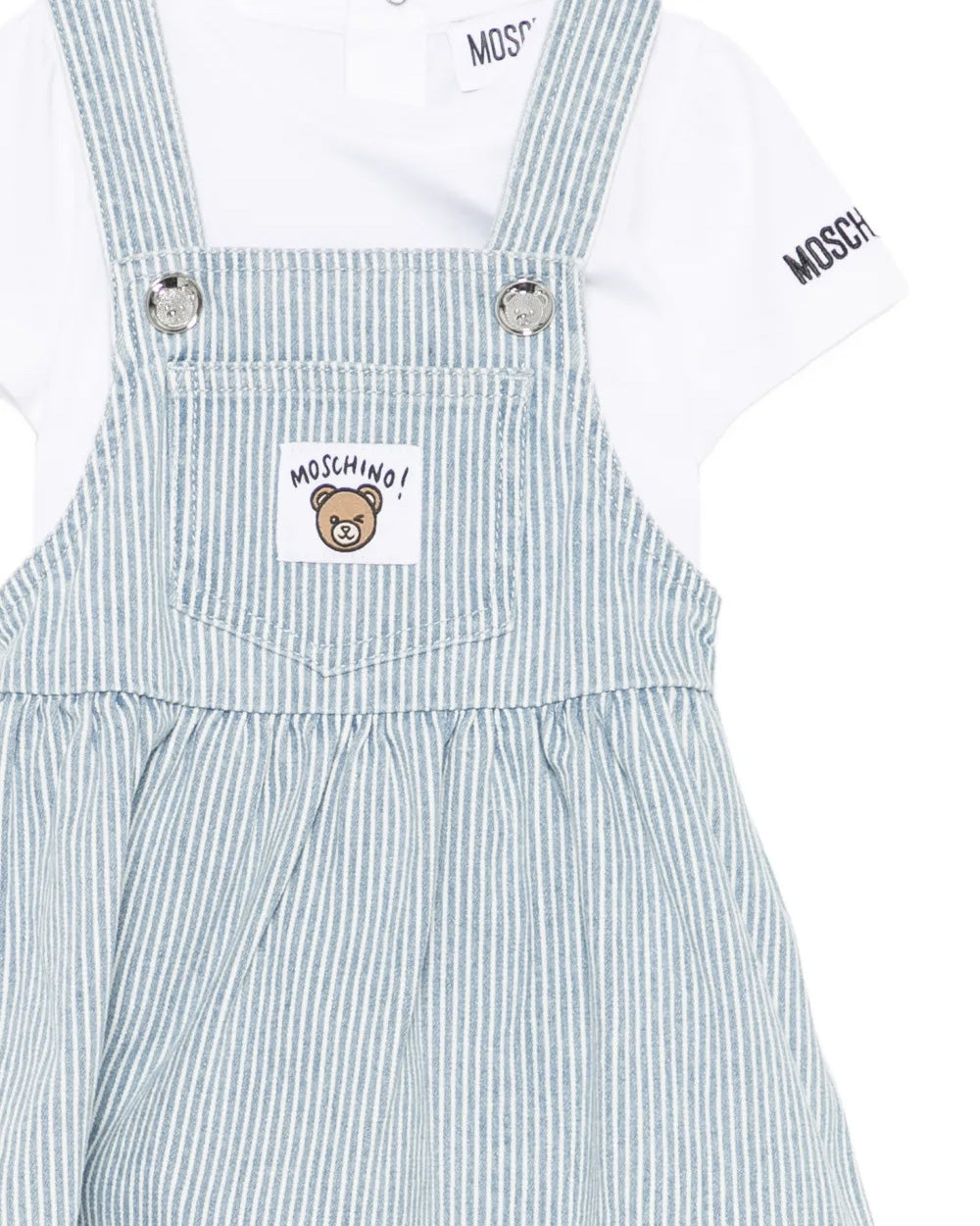 Moschino Kids T-Shirt Bianco e Salopette a Righe per Neonate