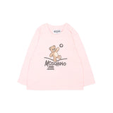 Moschino Kids Maglia Rosa a Maniche Lunghe con Stampa Teddy Bear e Logo per Neonate