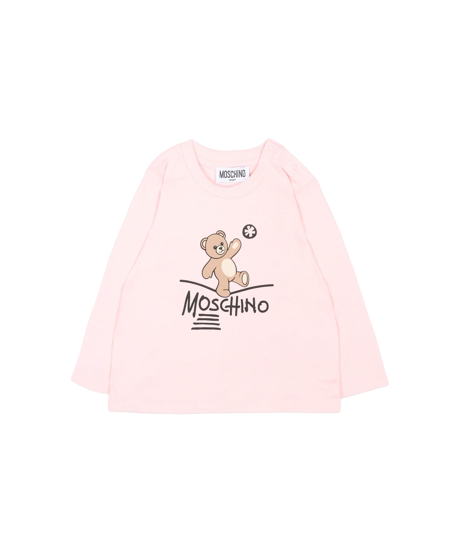 Moschino Kids Maglia Rosa a Maniche Lunghe con Stampa Teddy Bear e Logo per Neonate